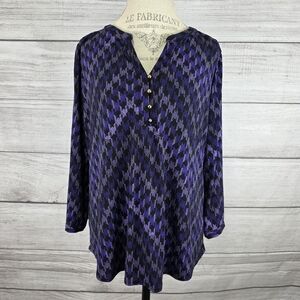 Dana Buchman Geometric Houndstooth Purple and Black 3/4 Sleeve Blouse